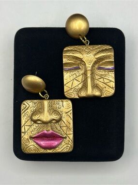 Park Lane Gold-Tone Tribal Face Drop Earrings 80s/90s Runway Art Deco Boho